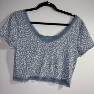 Aeropostale Blue Daisy Floral Ribbed Crop Top Lace Trim Y2K Baby Tee XL